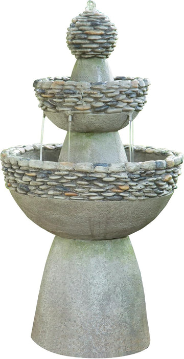 36.5 in. Outdoor 3-Tier Zen-Style Pedestal Water Fountain in. with Stone Trim with Pump and 2.64 Gallon Capacity