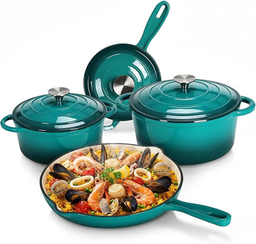 Enameled Cast Iron Cookware Set, 7Pcs Cast Iron Pots and Pans Set | Gas/Induction Dutch Oven Set, 7 Piece Set of
