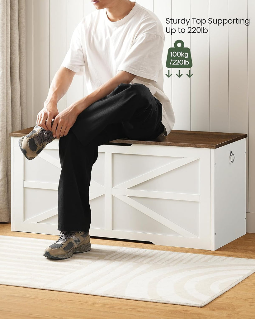 Storage Chest, 43.3" Toy Chest Storage, Farmhouse Storage Bench with Safety Hinge, Storage Trunk, Walnut and White