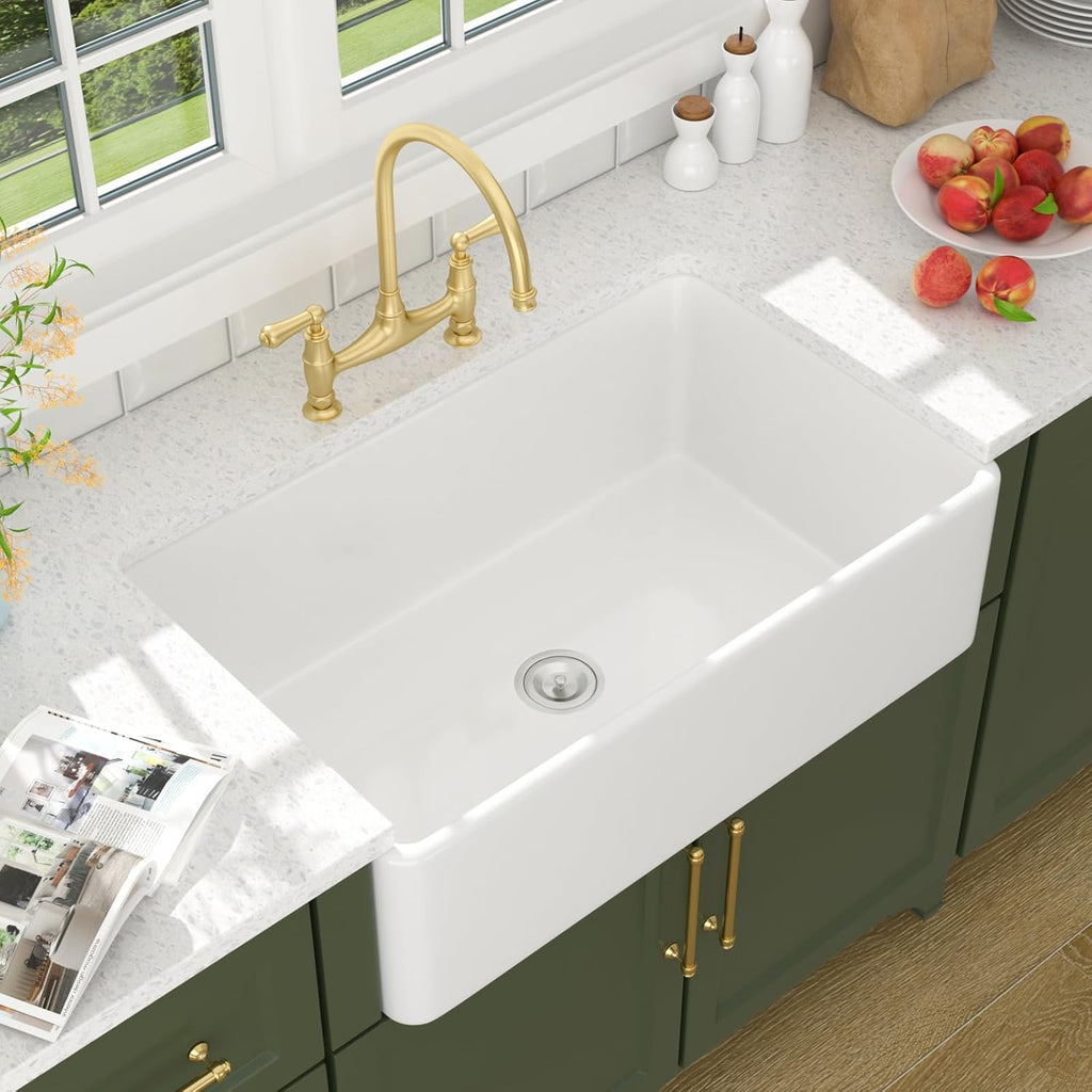 33 Inch White Farmhouse Sink Solid Fireclay | 33"x20"x10" Larger Apron Front Farm House Farmer Style Sinks, Easy to