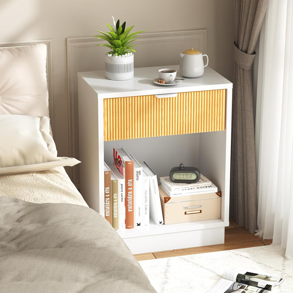 Fluted Night Stand Set 2, Large Wood Bedside Table Set of 2 Nightstands Set of 2 with Drawer and Storage Shelf