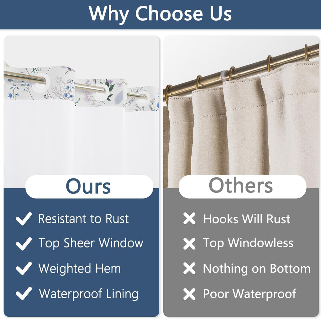 No Hook Watercolor Floral Shower Curtain and Liner Set, Hotel Style Waterproof Fabric Shower Curtain with See Through