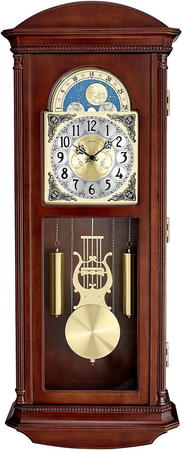 Bulova Litchfield Large Regulator Wall Clock, Model C4332 - Classic Pendulum Design - Harmonic Hourly Chime - Brown Cherry Finish