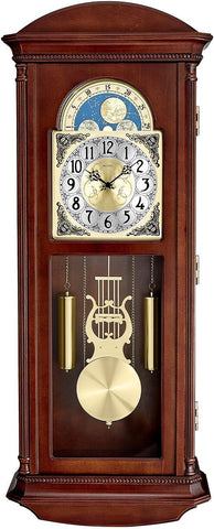 Bulova Litchfield Large Regulator Wall Clock, Model C4332 - Classic Pendulum Design - Harmonic Hourly Chime - Brown Cherry Finish