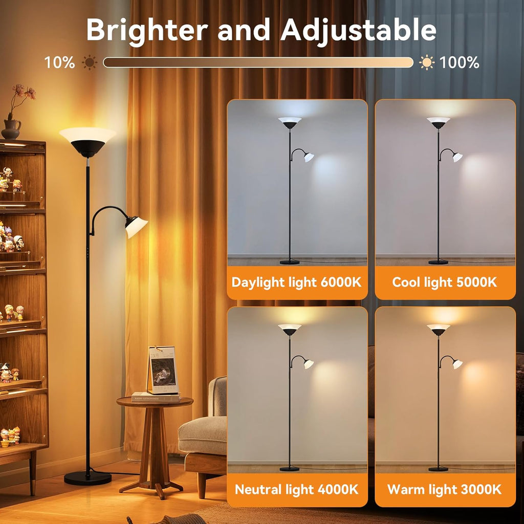 2-in-1 Torchiere Floor Lamp, 34W Super Bright LED Standing Lamp with Remote & Touch Control
