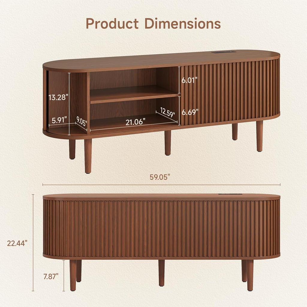 59" TV Stand for 65" TV with Power Outlet, Entertainment Center with Solid Wood Leg, Fluted TV Console with Adjustable Shelf & Sliding Door, Mid-Century Modern TV Stand for Living Room, Walnut