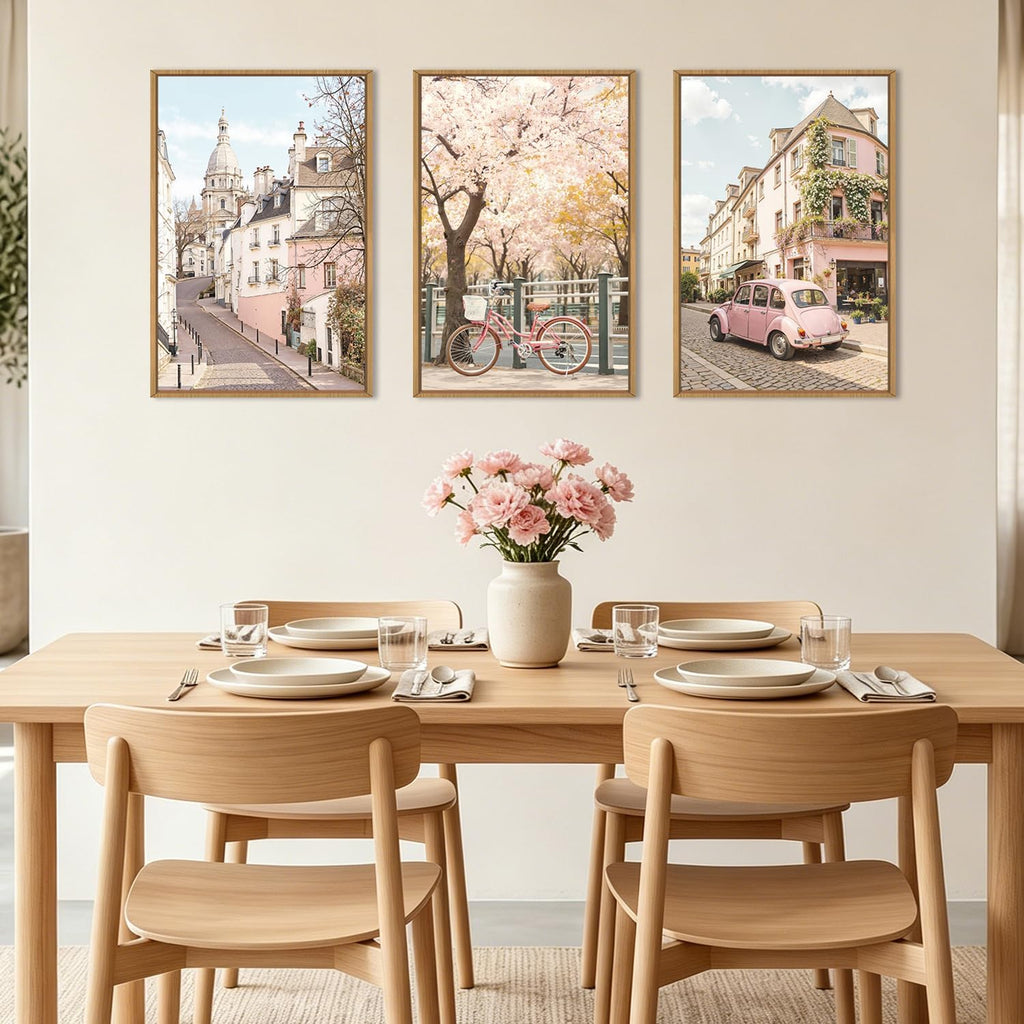 Vintage Italy Cityscape Framed Canvas Wall Art Set, Romantic Flower Street Wall Decor, Pink Bike Car Wall Painting