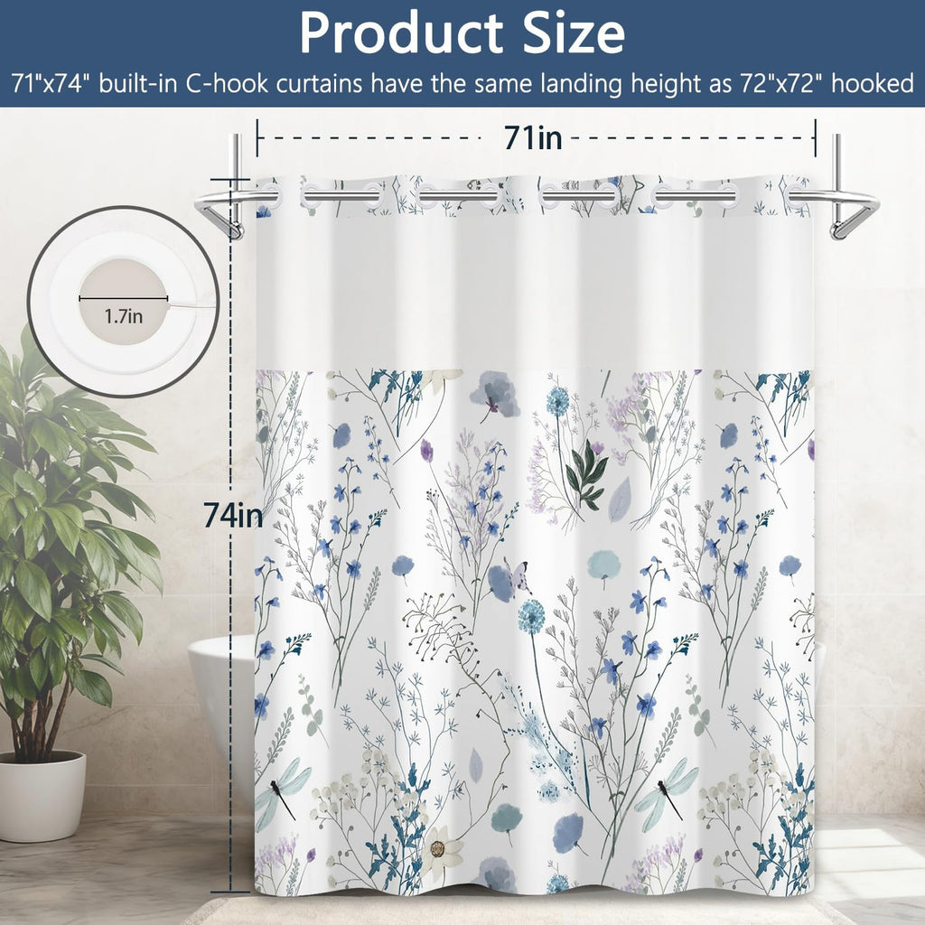 No Hook Watercolor Floral Shower Curtain and Liner Set, Hotel Style Waterproof Fabric Shower Curtain with See Through