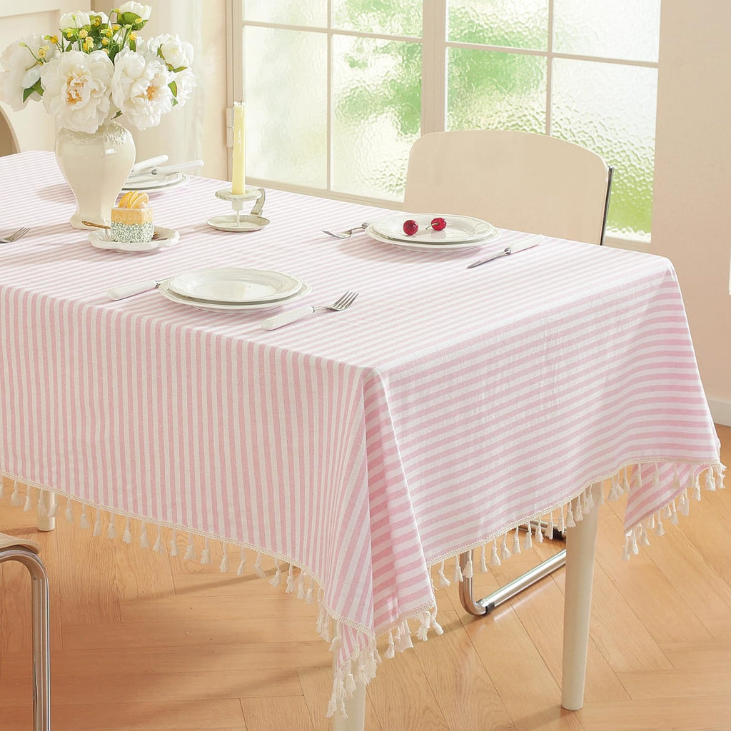 Striped Square Tablecloth, Cotton Blend Fabric Pink Table Cloth with Tassel, Washable Wrinkle Free Table Cover Cute