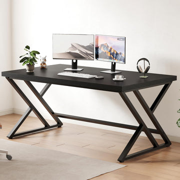 55 Inch Black Modern Computer Office Desk Metal & Wood Writing Desks