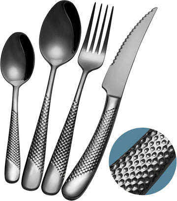 16-Piece ​Modern Black Hammered Silverware Set with Ultra Sharp 2-IN-1 Serrated Knives