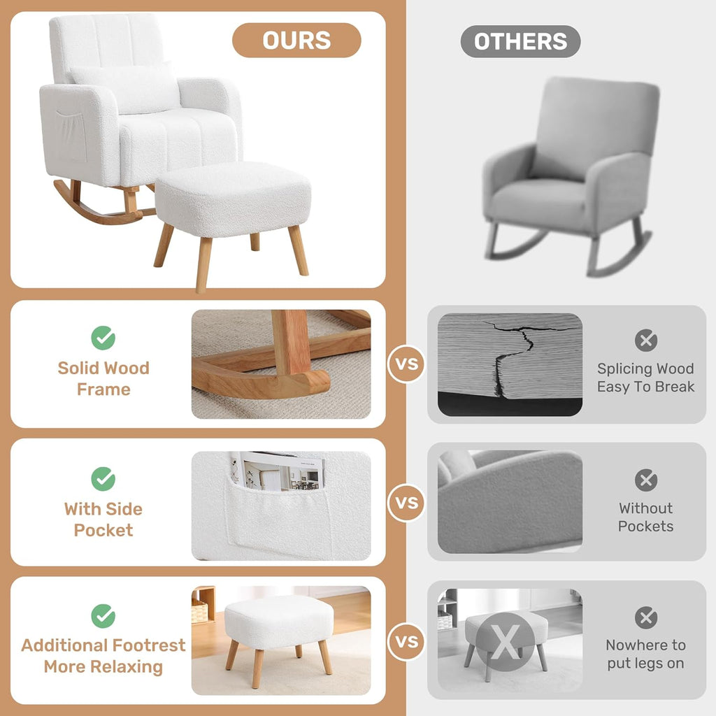 Rocking Chair with Ottoman, Upholstered Glider Rocker with High Backrest and Side Pocket, Comfy Reading Chair with