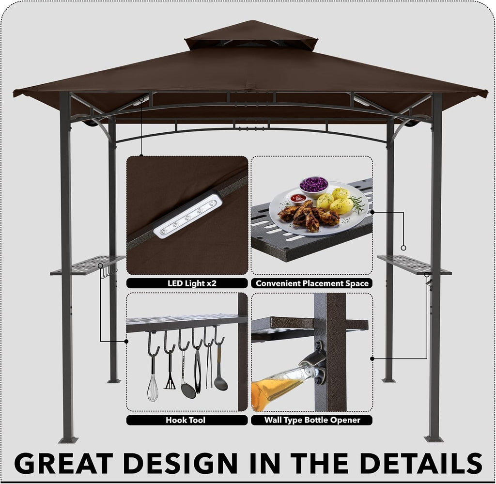 8 x 5 Grill Gazebo Outdoor BBQ Gazebo Canopy with 2 LED Lights (Brown)