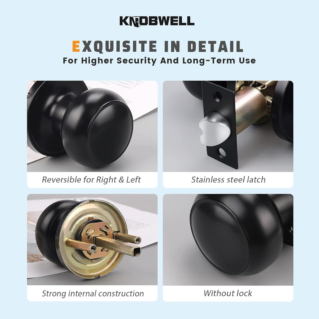 6 Pack Matte Black Door Knob - Round Interior Door Handles , Non-Locking Passage Door Knobs with Durable Lockset