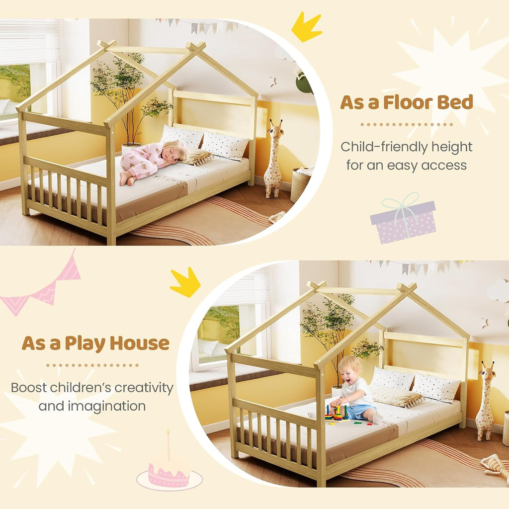 Twin Floor House Bed with Headboard & Footboard, Wood Floor Bed Frame with Roof for Boys & Girls, No Box Spring