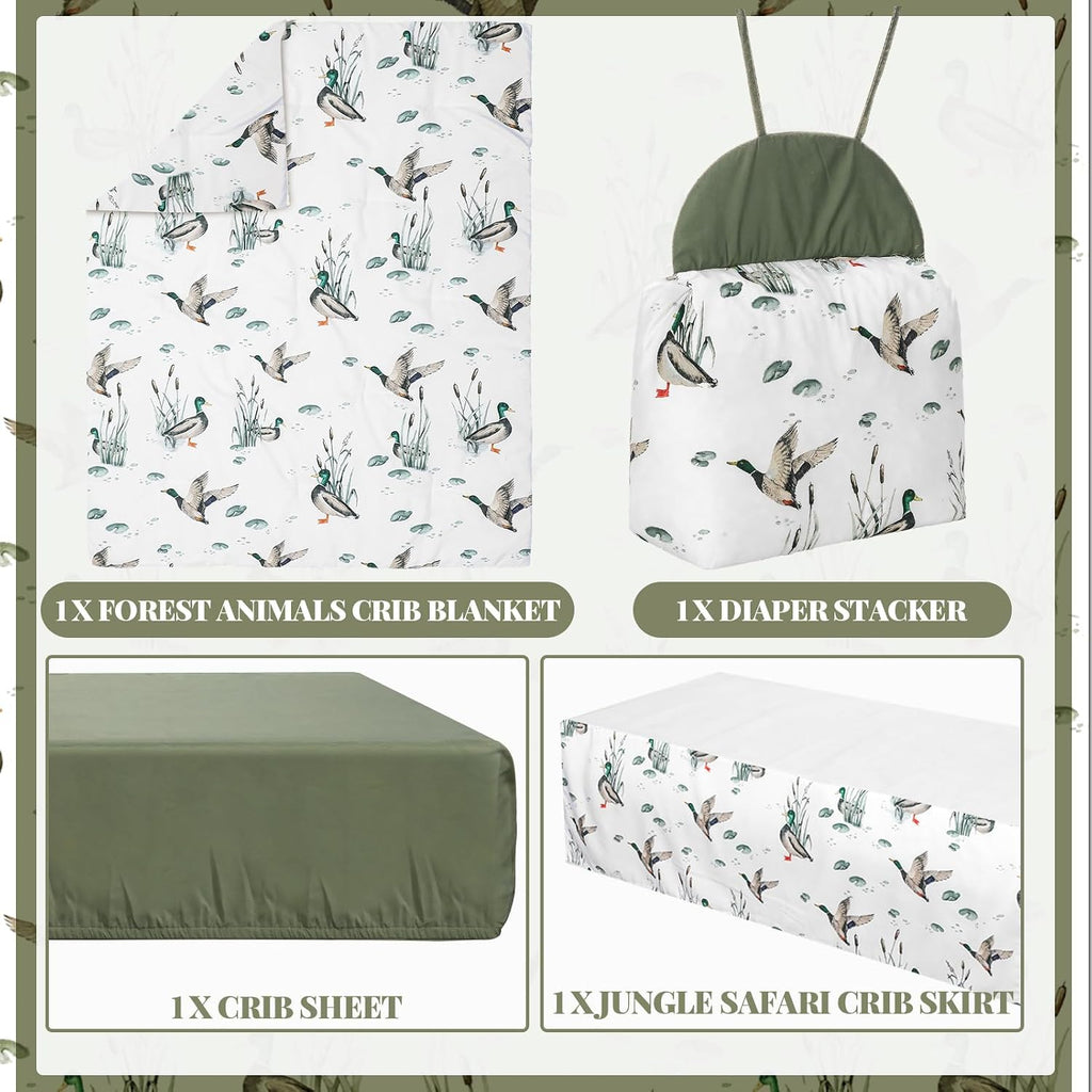 4 Piece Mallard Duck Crib Bedding Set Including Mallard Duck Crib Skirt, Blanket, Crib Sheet and Diaper Stacker, Soft