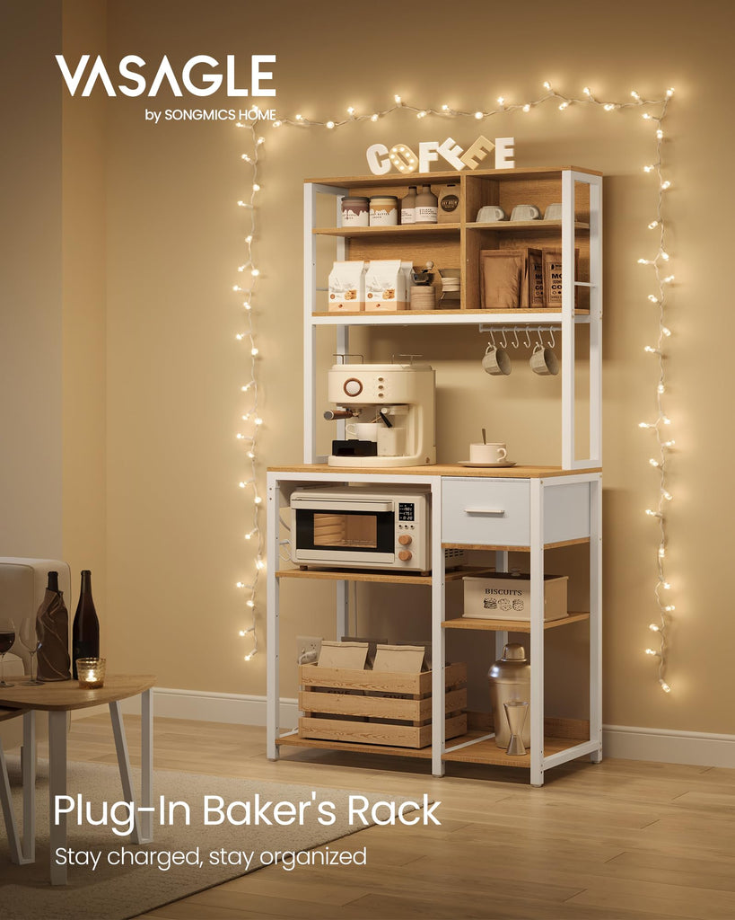 Bakers Rack with Charging Station, Coffee Bar, 12 Hooks