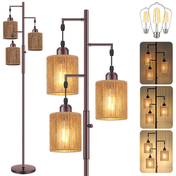 72" Boho Rattan Tree Floor Lamp, Tall Dimmable Industrial Standing Lamp, Corner Decor Accent Lighting, Cafe (3 x