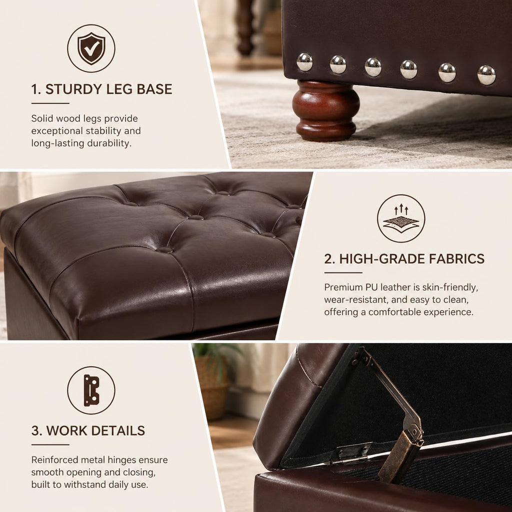 Leather Ottoman with Storage Small Foot Stool with Hinged Lid