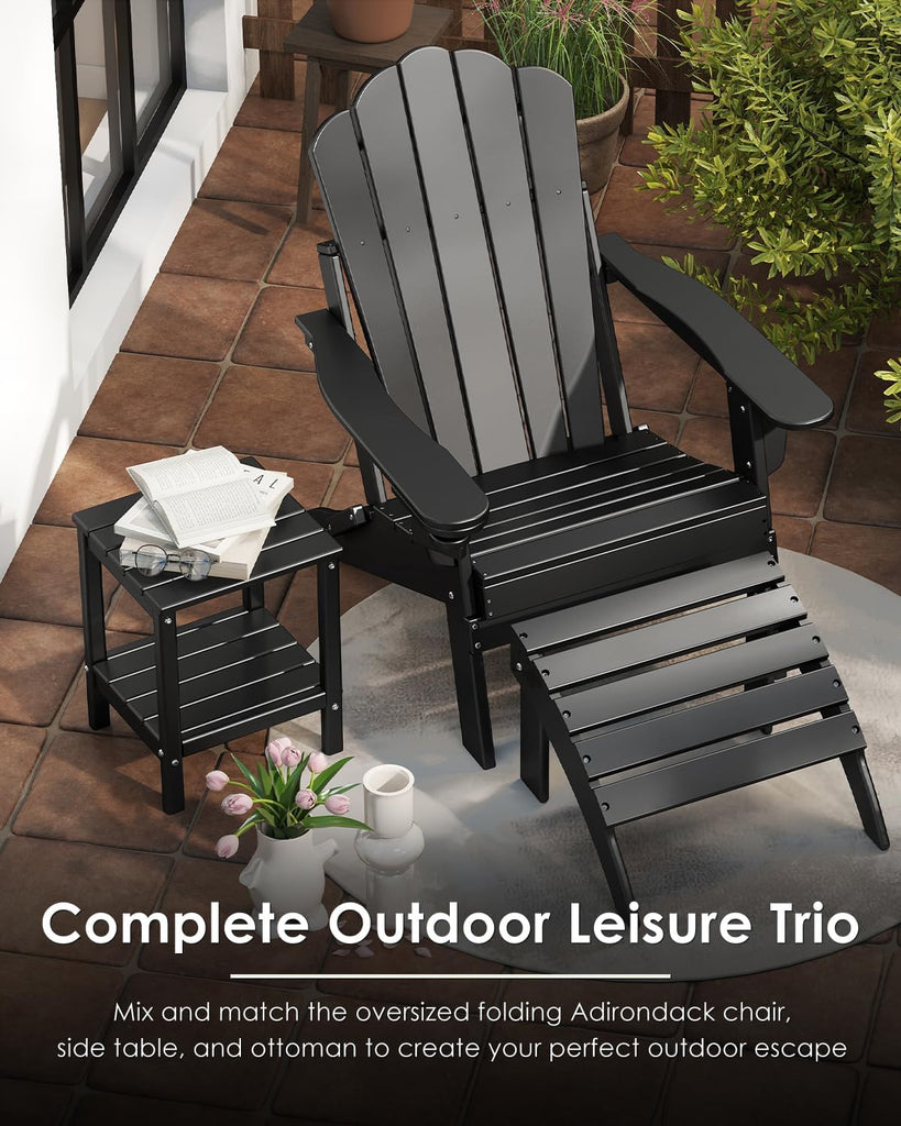 Oversized Folding Adirondack Chairs Set of 2, HDPE, Black | Cup Holder | 22" Extra-Wide | All Weather | Plastic Fire