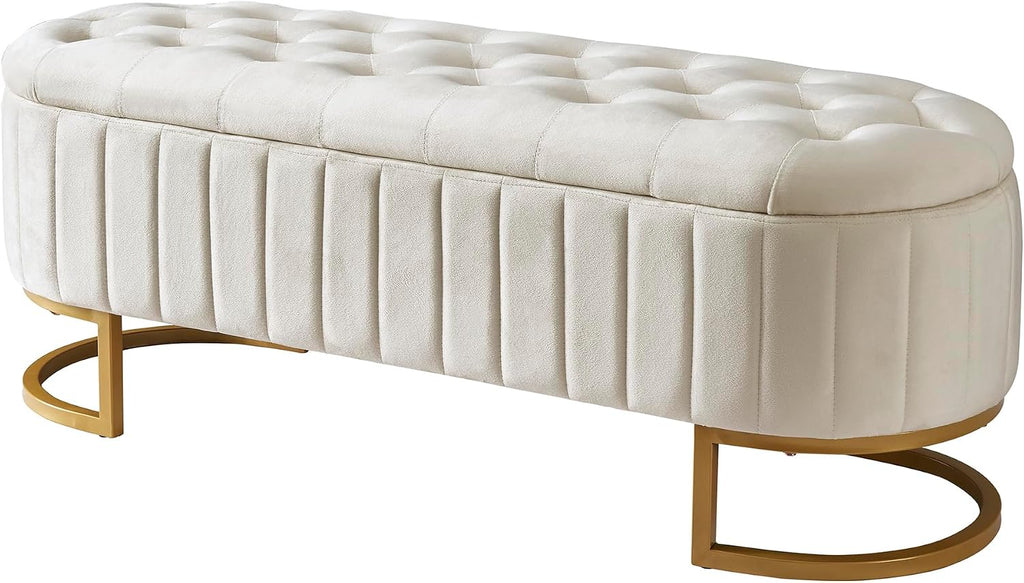 Elegant Upholstered Velvet Storage Ottoman with Button-Tufted,Storage Bench with Metal Legs ,Fully Assembled Except