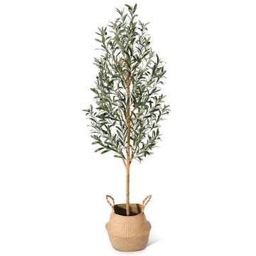 Faux Olive Tree 6FT - Tall Artificial Plants Indoor with Real Wood Trunk & Seagrass Basket, Lifelike Silk Leaves &