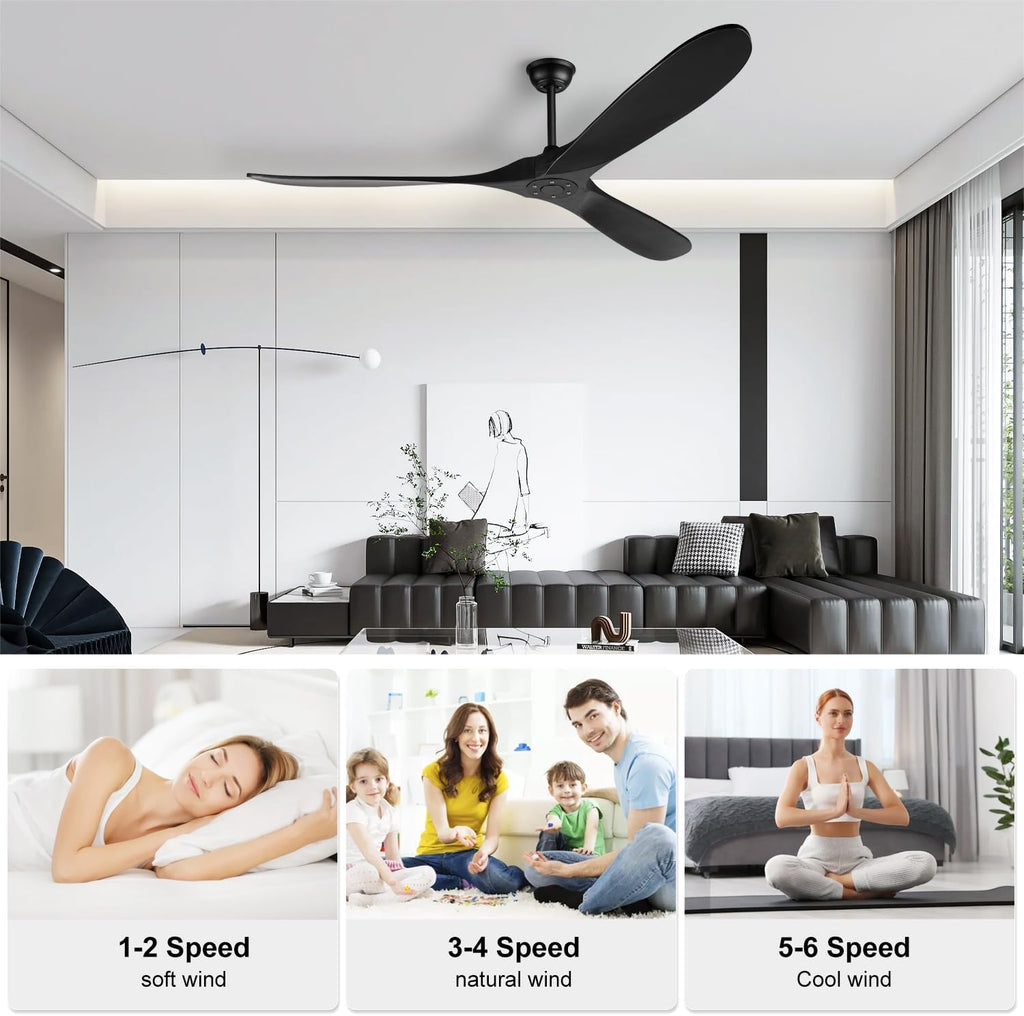 72 Inch Black Ceiling Fan No Light，Wood Indoor Outdoor Ceiling Fan Without Lights for Patios Living Room Gazebo