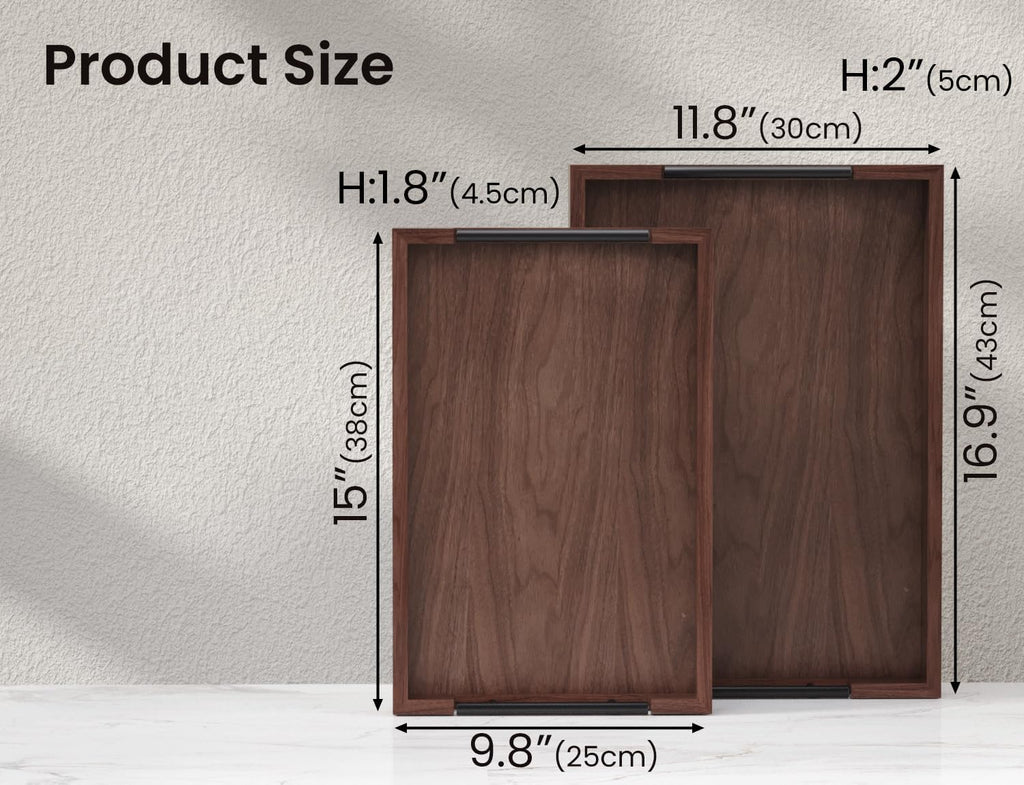 Set of 2 Walnut Wood Serving Trays with Metal Handles | Ottoman Decorative Trays Platter for Coffee Table,Living