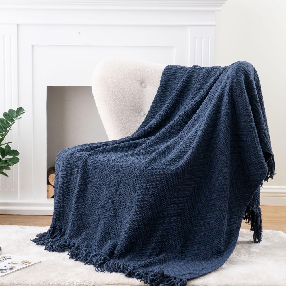 Navy Blue Throw Blanket, Knitted Blue Blanket Throw 50'' x 60'', Super Soft Warm Navy Throws for Chair Sofa Home Decor