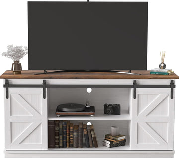 TV Stand for 65 Inch TV, Sliding Barn Doors, Bright White | Farmhouse Entertainment Center, Storage Cabinets
