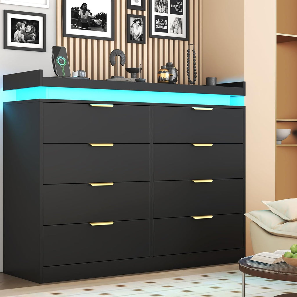 8 Drawer Dressers , Black Dresser with LED Lights and Power Outlet, Wood LED Dresser, Double Wide Modern Chest of