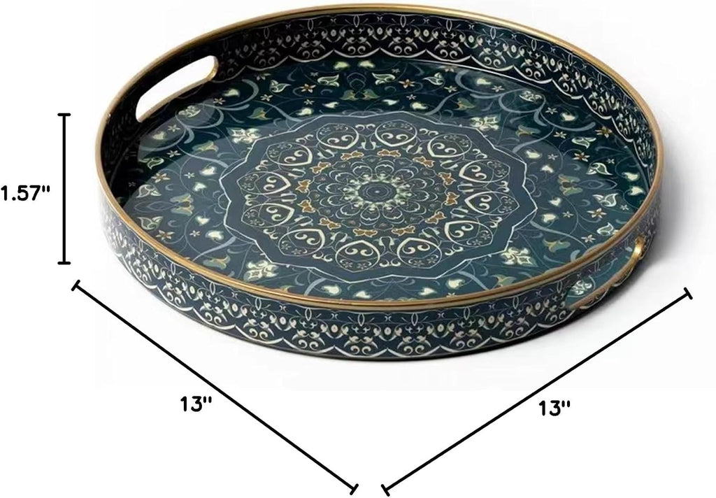 Round Serving Tray with Handles - Large Round Ottoman Tray Coffee Table Tray,Plastic Decorative Serving Trays for