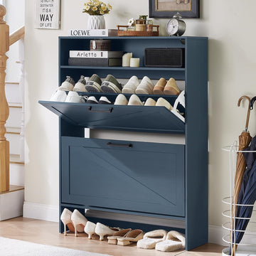 Shoe Cabinet Storage with 2 Flip Drawers Open Storage Layer Rack Narrow Organizer Slim Hidden Wood Shoe Cabinet