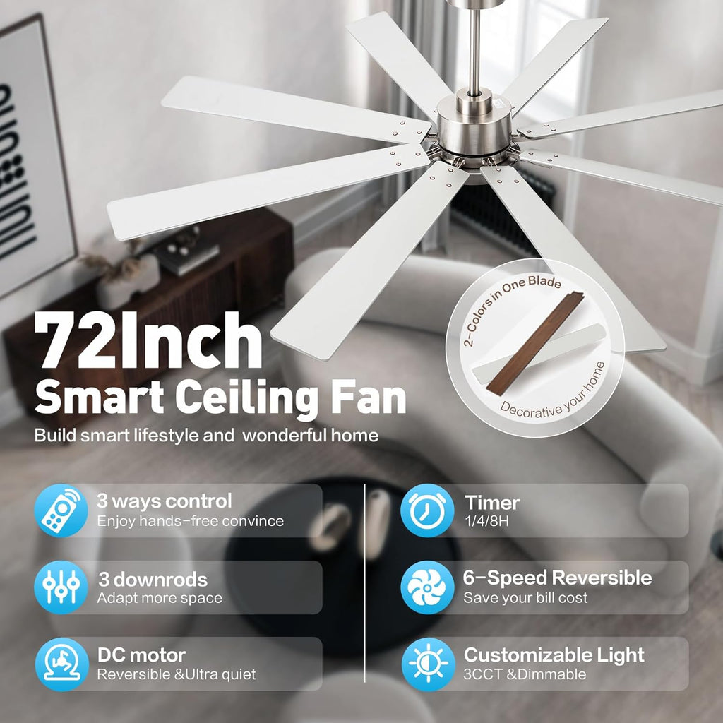 72Inch Large Brushed Nickel Ceiling Fans with Light and Remote Control,8 Wooden Blades,6-Speeed,3CCT