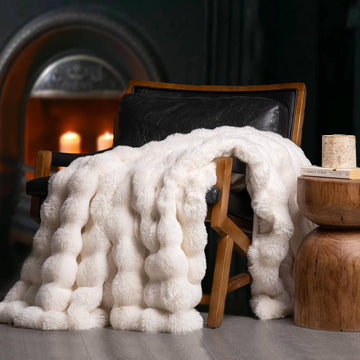 Ultra Soft Luxury Fluffy Faux Rabbit Fur Throw Blanket, Thick Warm Bubble Throw, Cozy Plush Reversible Blankets