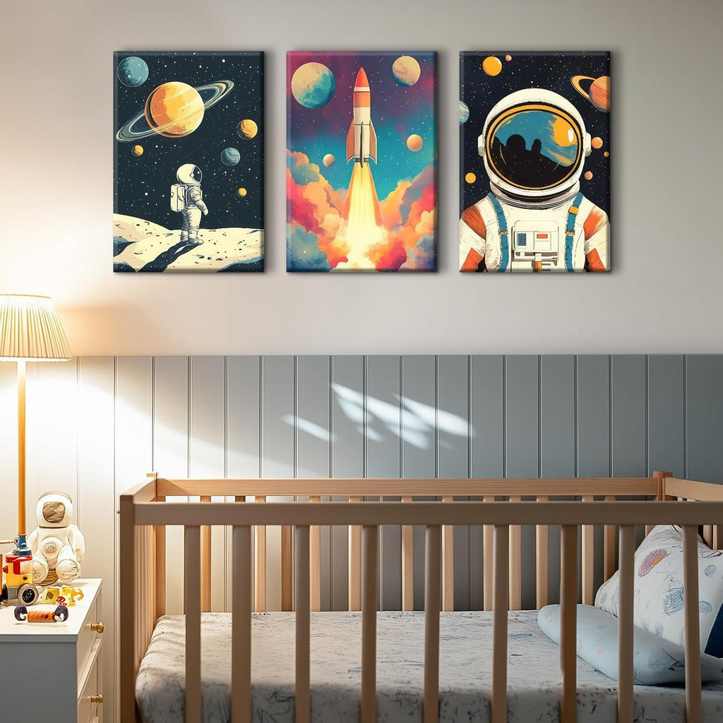 3 Pcs Space Canvas Wall Art Nursery Space Astronauts Kid Painting Pictures Wall Decor Explore Dream Galaxy Canvas