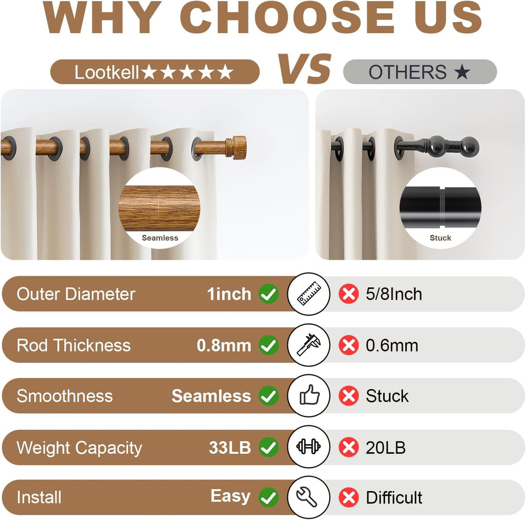 Wood Curtain Rods for Windows 1" Diameter Boho Decorative Heavy Duty Long Window Curtain Rod