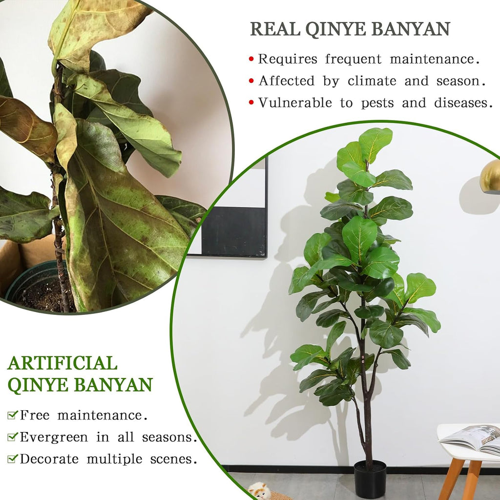 Artificial Fiddle Leaf Fig Tree 6ft, Large Faux Plant Fake Ficus lyrata Silk Trees with Pot Outdoor House Living Room