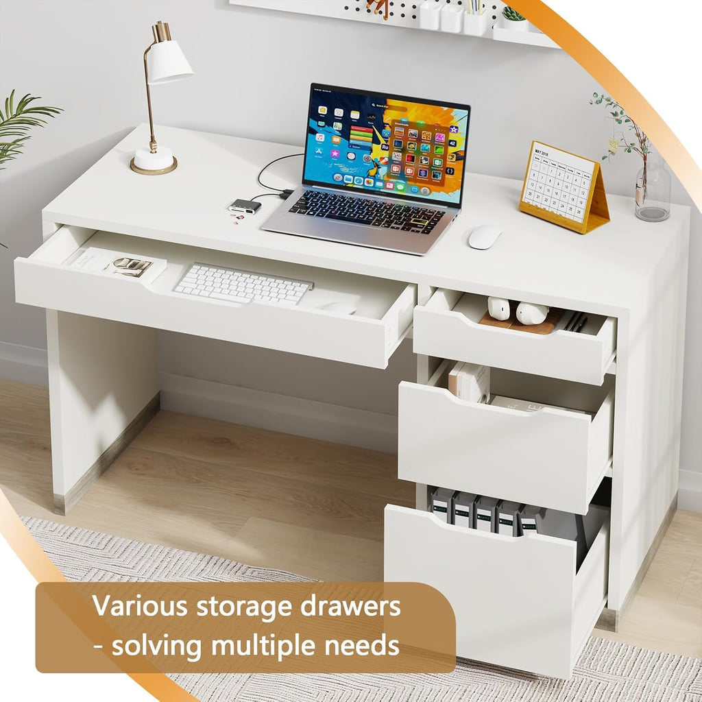 52 Inch White Desk with 4 Drawers, Computer Desk with Storage for Small Spaces with Storage File Cabinet