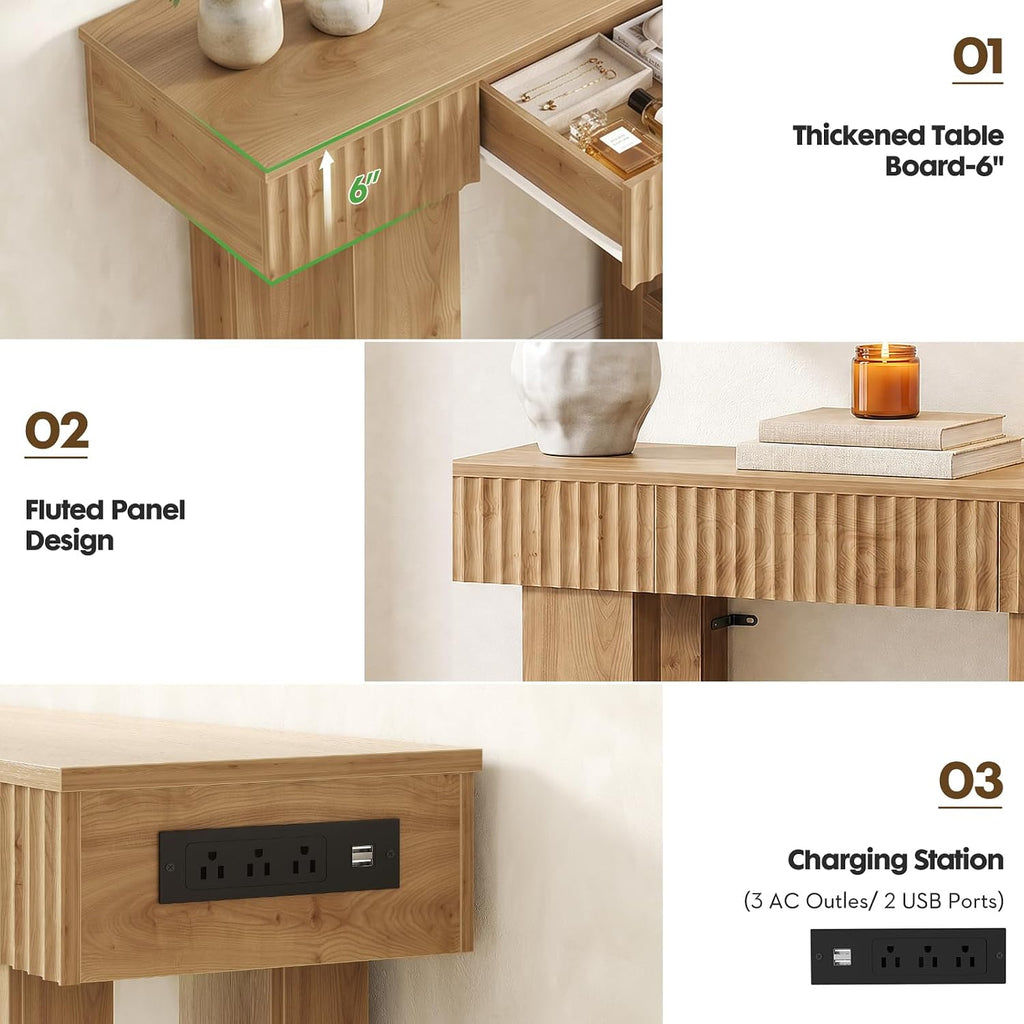 39" Console Table with Drawer and Outlets W/USB-C, Modern Fluted Entryway Table with Storage, Sofa Table Behind The