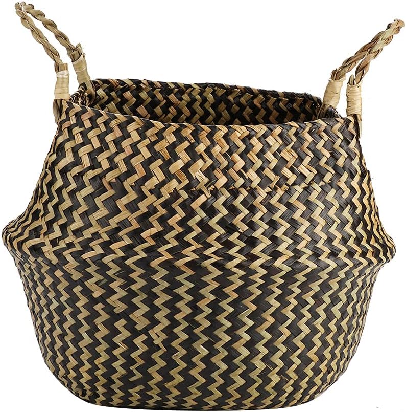 Seagrass Storage Basket, Woven Seagrass Basket, Woven Basket with Handle itory Decor Decor (Black Wavy Pattern)