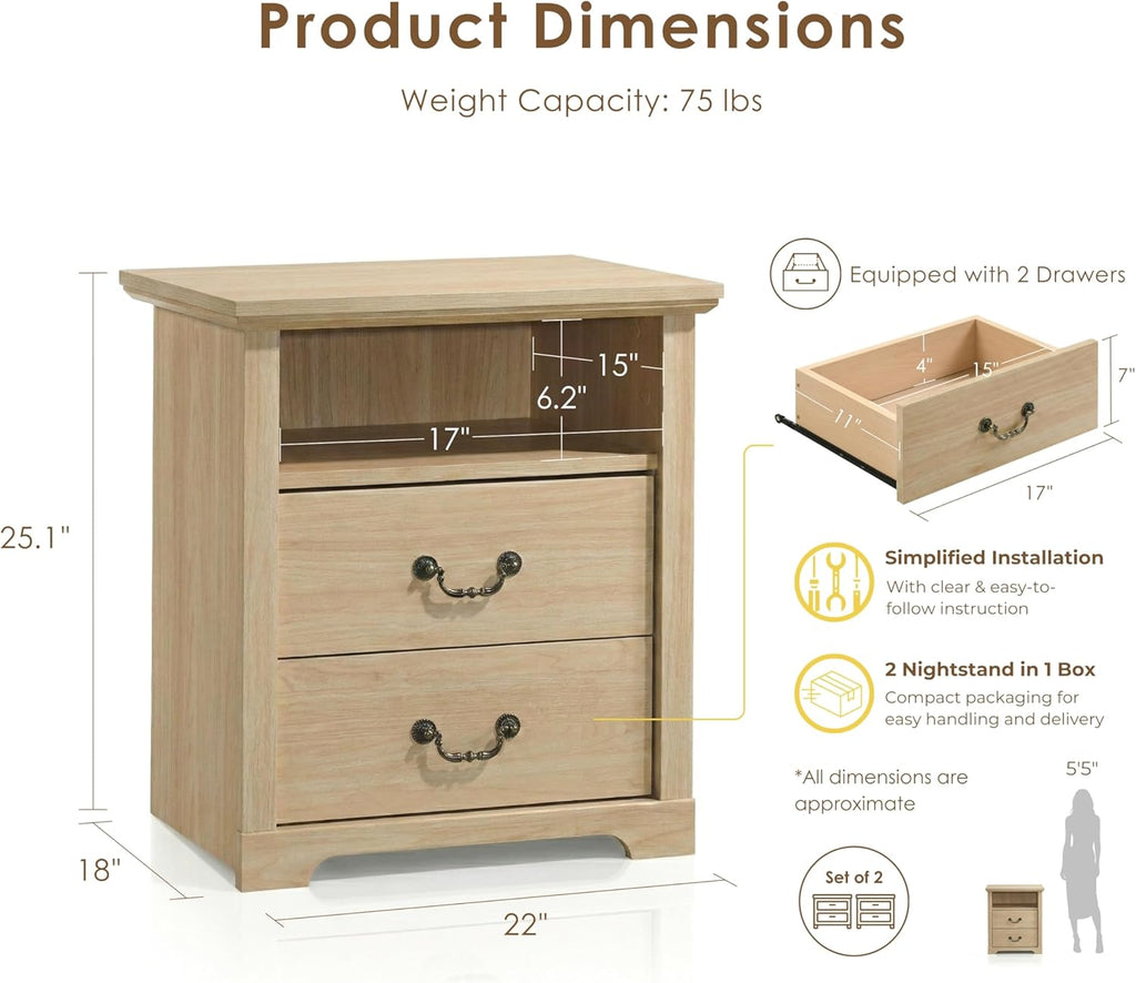 Elrik Modern 22-inch Wood Nightstand Set of 2 with Open Shelf, 2 Drawers and Ornate Handles, Wooden Night Stand