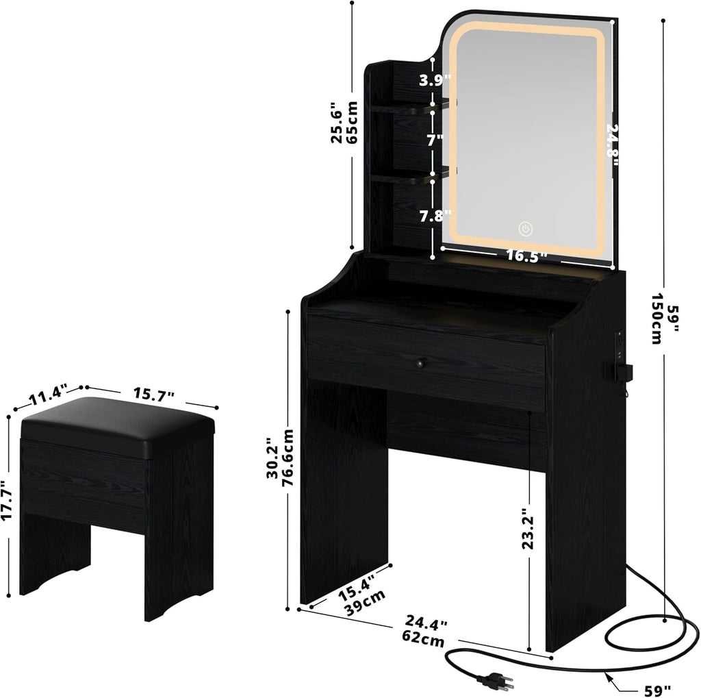 Small Vanity Desk with Mirror Lights and Storage Stool | Black compact vanity with 3 light modes, charging station