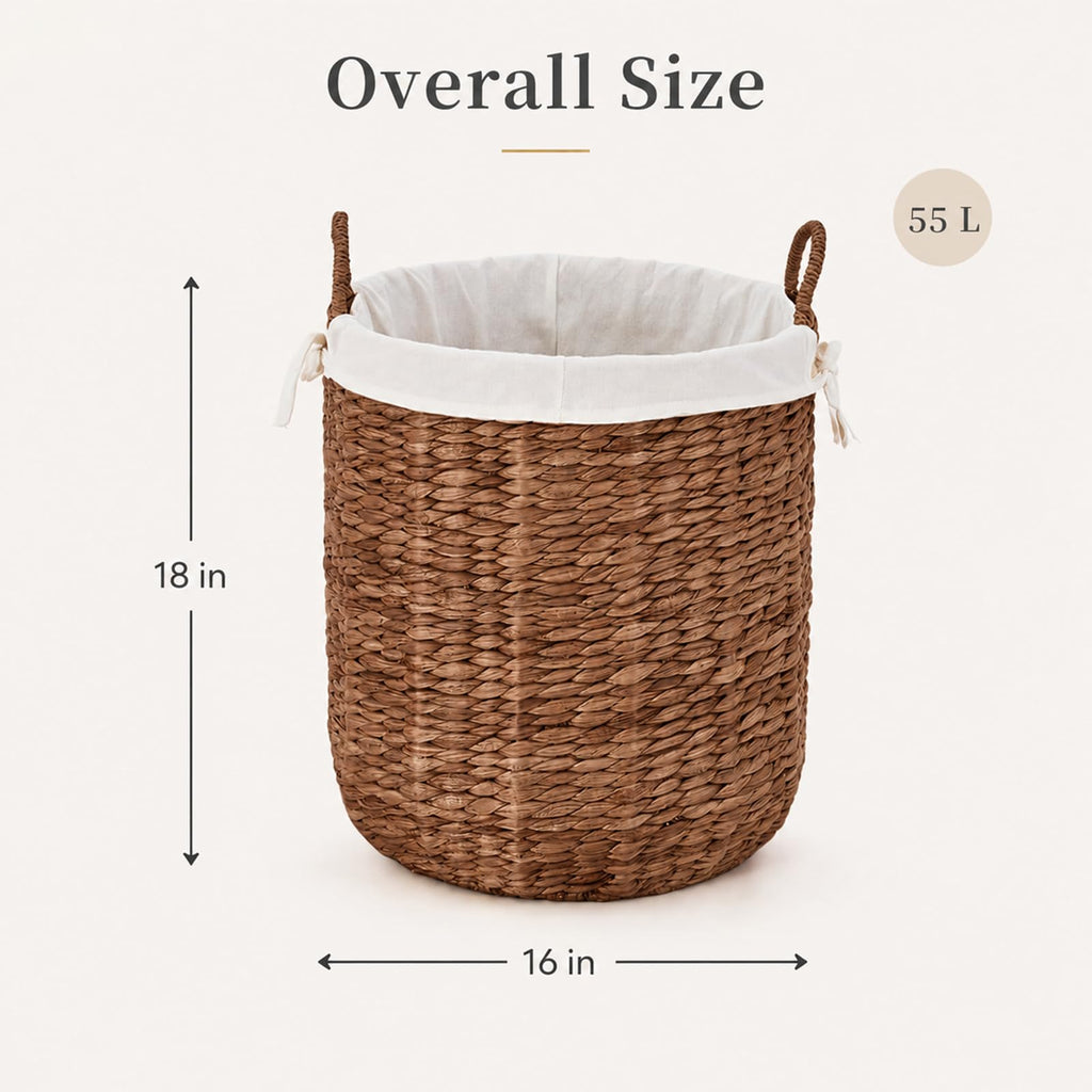 Round Woven Laundry Basket with Removable Liner, Handwoven Water Hyacinth Clothes Hamper Basket with Handles
