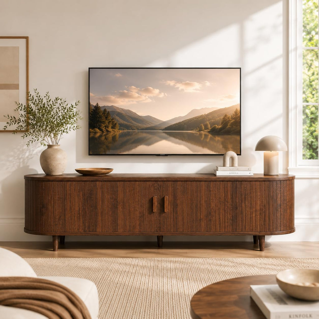 58" Mid-Century Modern TV Stand with Sliding Doors, TV Consoles with Power Outlet, Fluted Entertainment Center with Adjustable Shelves for Living Room