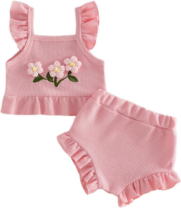 Baby Girl Clothes Infant Summer Toddler Outfits Ruffle Sleeveless Floral Embroidery Tank Top Shorts 2Pcs Waffle Sets