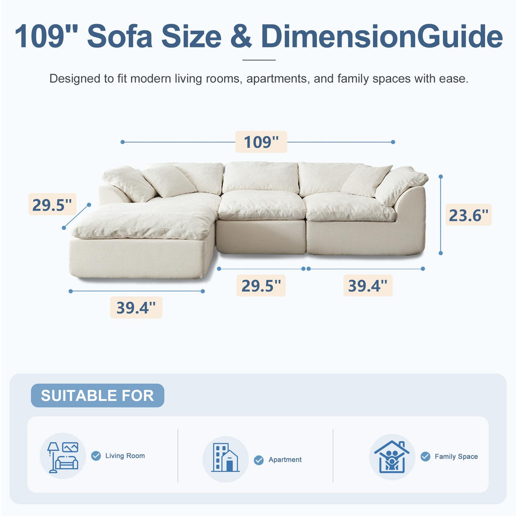 109" L-Shaped Modular Sectional Sofa, Cloud Comfy Chenille Couch (L-White)