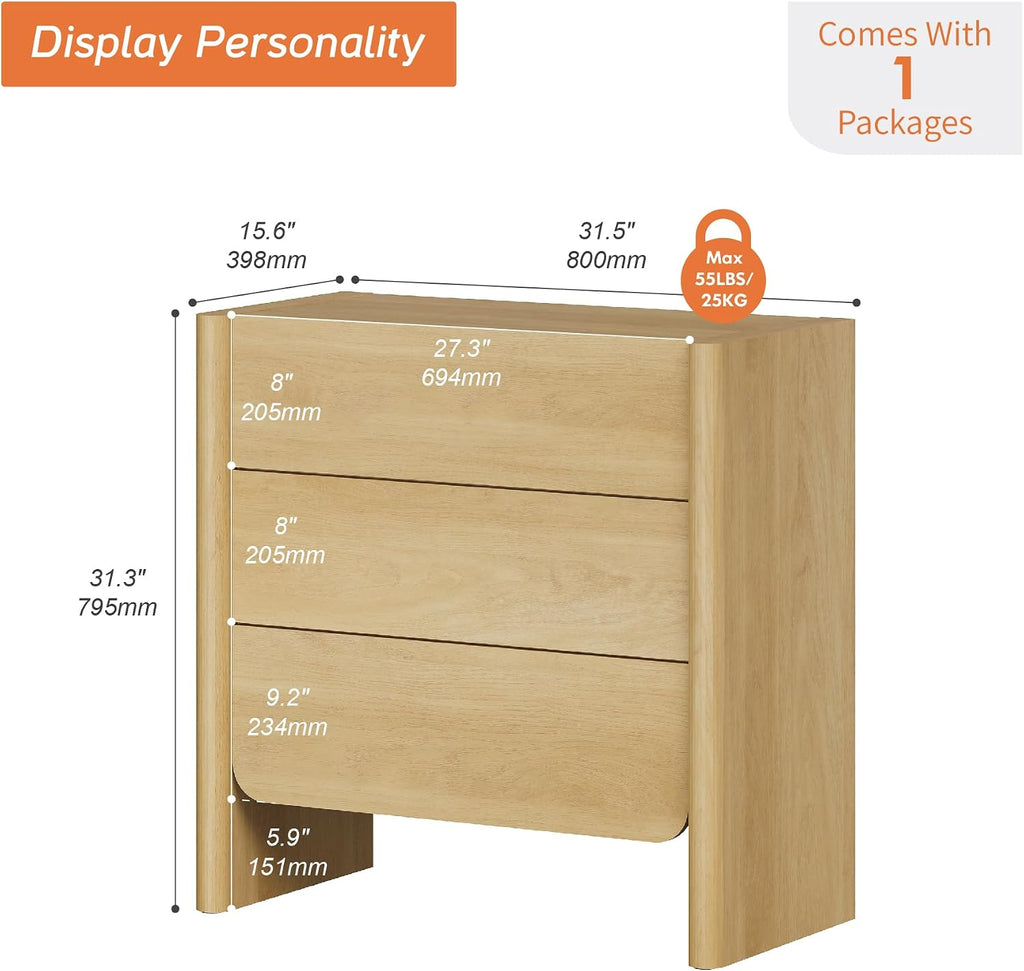 Night Stand with 3 Drawers, Wood Nightstand, Modern Bedside Table with Storage, Side Table & End Table , Rounded Wood
