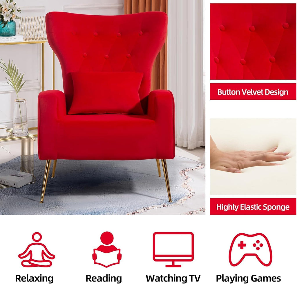 Velvet Accent Arm Chairs Set of 2, Mid-Century Modern Living Room Chair, Wingback Bedroom Side Chair with Gold Legs &
