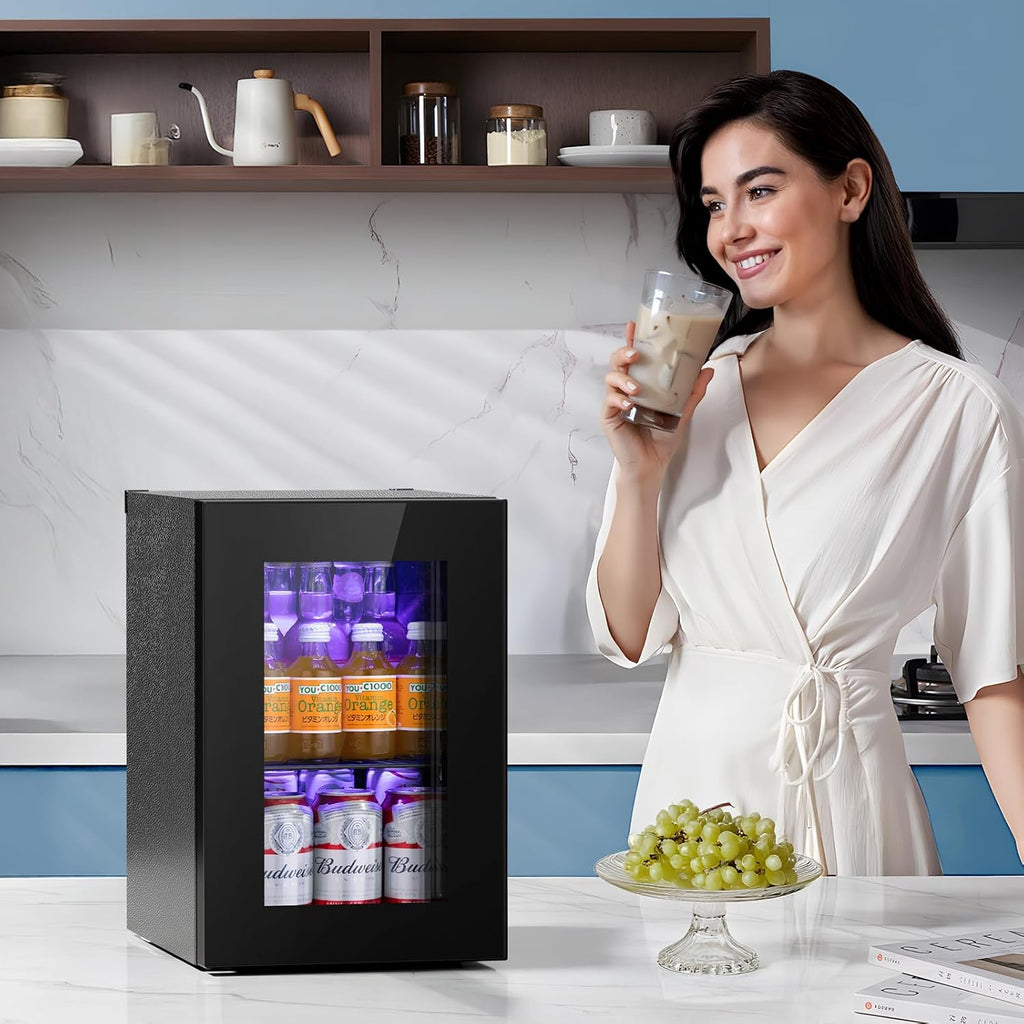 18L Beverage Refrigerator Cooler 24Can, Mini Fridge with Quiet Compressor, LED L
